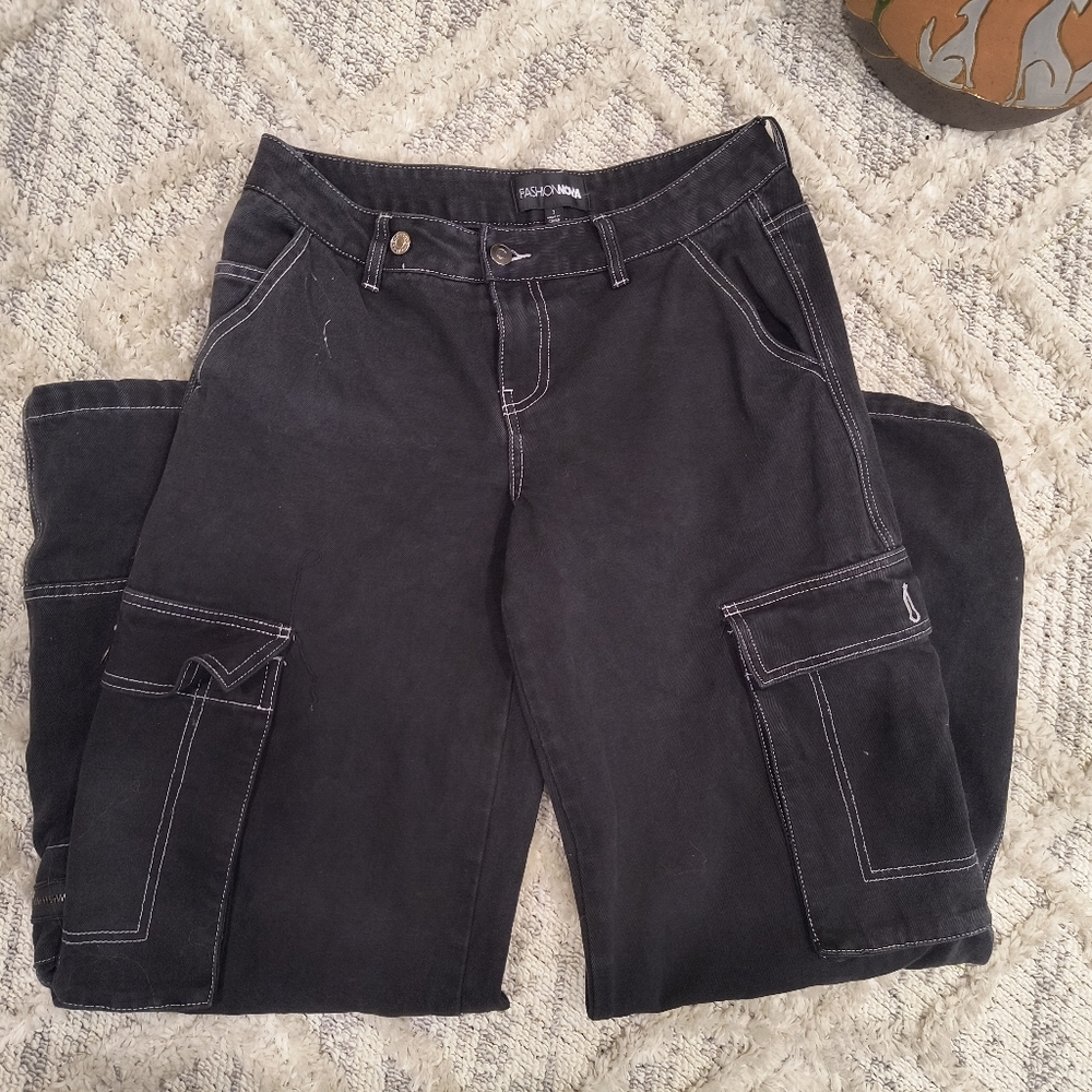 FASHION NOVA Denim Cargo Pants in Black